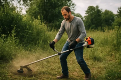 Muž používa krovinorez na údržbu záhrady
