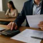 Účtovný expert analyzuje dokumenty a používa kalkulačku