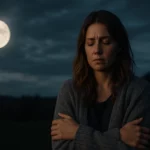 Žena vonku pod splnom Mesiaca, zamyslená a emocionálna.