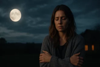 Žena vonku pod splnom Mesiaca, zamyslená a emocionálna.