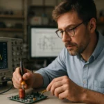 Muž skúmajúci rezonančný obvod s osciloskopom