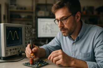 Muž skúmajúci rezonančný obvod s osciloskopom