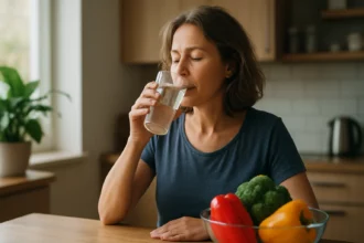 Žena pije vodu pri stole so zeleninou v kuchyni.