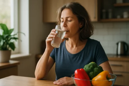 Žena pije vodu pri stole so zeleninou v kuchyni.