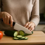 Žena krája uhorku keramickým nožom na kuchynskej doske.
