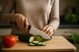 Žena krája uhorku keramickým nožom na kuchynskej doske.