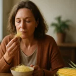 Žena ochutnáva kukuričný hodváb v miske na stole