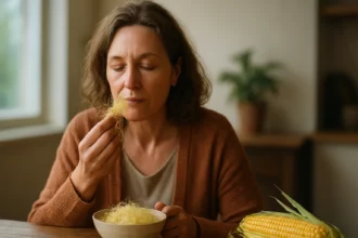 Žena ochutnáva kukuričný hodváb v miske na stole