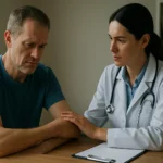 Lekárka konzultuje s pacientom o svalovej atrofii a rakovine.