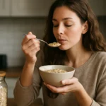 Žena vychutnáva ovsené vločky v miske