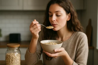 Žena vychutnáva ovsené vločky v miske
