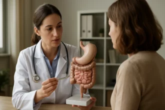 Lekár vysvetľuje funkciu tenkého čreva pacientovi pomocou modelu