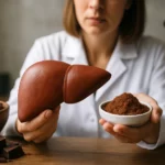 Žena v bielom plášti drží model pečene a kakaový prášok.