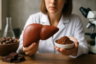 Žena v bielom plášti drží model pečene a kakaový prášok.