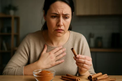 Žena váhajúca s konzumáciou škorice, s výrazom obavy.