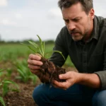 Muži skúmajúci korene rastlín v poľnohospodárskej pôde
