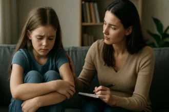 Psychológ s dieťaťom diskutuje o emocionálnych následkoch zneužívania.