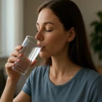 Mladá žena pije vodu, dôležité pre hydratáciu a zdravie.