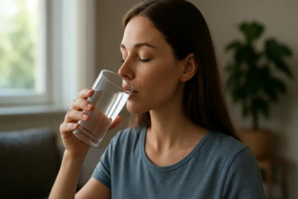 Mladá žena pije vodu, dôležité pre hydratáciu a zdravie.