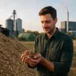 Muž drží drevný odpad s biomasou na pozadí elektrárne.