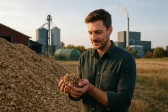 Muž drží drevný odpad s biomasou na pozadí elektrárne.