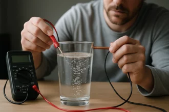 Muž vykonáva experiment s vodou a elektrickým prúdom