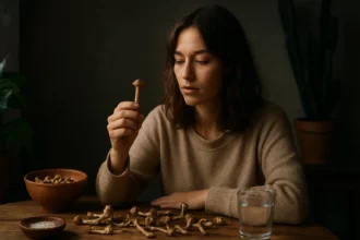 Žena skúma prírodnú hubu meskalínu, symbol psychedelických účinkov.