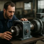 Inžinier kontroluje reduktor v strojárskej dielni.