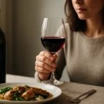 Žena drží pohár červeného vína s jedlom na stole.