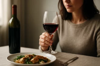 Žena drží pohár červeného vína s jedlom na stole.