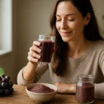 Žena si vychutnáva smoothie z hroznových šupiek s práškom z hrozna na stole.