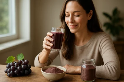 Žena si vychutnáva smoothie z hroznových šupiek s práškom z hrozna na stole.