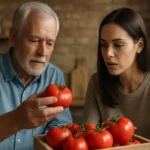 Dve osoby skúmajú čerstvé paradajky v drevenej debne.