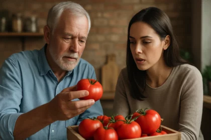 Dve osoby skúmajú čerstvé paradajky v drevenej debne.