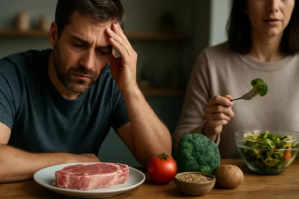 Muž s bravčovým mäsom a žena so zeleninou, premýšľajú nad stravou.