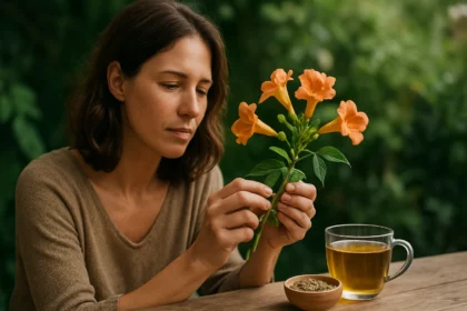 Žena skúma trúbkovitý kvet vedľa šálky s bylinkovým čajom