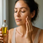 Žena nanášajúca mandľový olej na pleť s olejom v ruke.