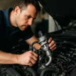 Mechanik kontroluje EGR ventil pri oprave motora.