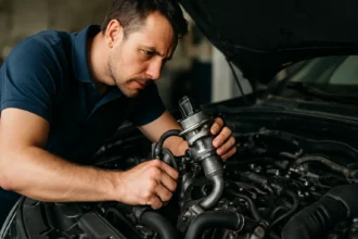 Mechanik kontroluje EGR ventil pri oprave motora.