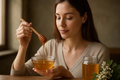 Žena s agátovým medom, ktorý má liečivé účinky a antioxidanty.