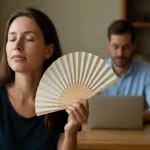 Žena s vejárom v ruke, užívajúca si letné osvieženie v interiéri.