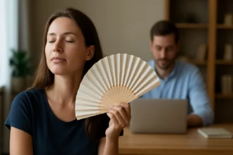 Žena s vejárom v ruke, užívajúca si letné osvieženie v interiéri.