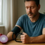Muž meria krvný tlak s červenou cibuľou na stole, zdravie
