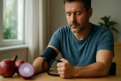 Muž meria krvný tlak s červenou cibuľou na stole, zdravie