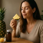 Žena vychutnávajúca si ananás a prírodné liečivá