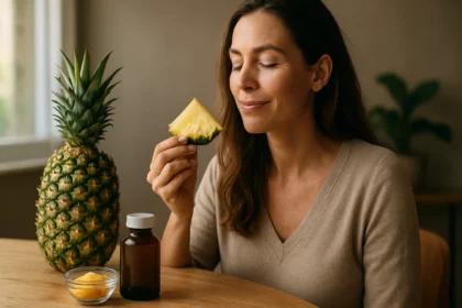 Žena vychutnávajúca si ananás a prírodné liečivá
