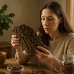 Žena skúma dubovú kôru so zameraním na jej účinky.