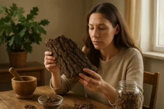 Žena skúma dubovú kôru so zameraním na jej účinky.
