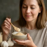 Žena si pochutnáva na cesnakovom prášku a objavuje jeho výhody.