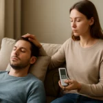 Žena vykonáva zvukovú terapiu na muža s použitím prístroja na frekvenciu 128 Hz.